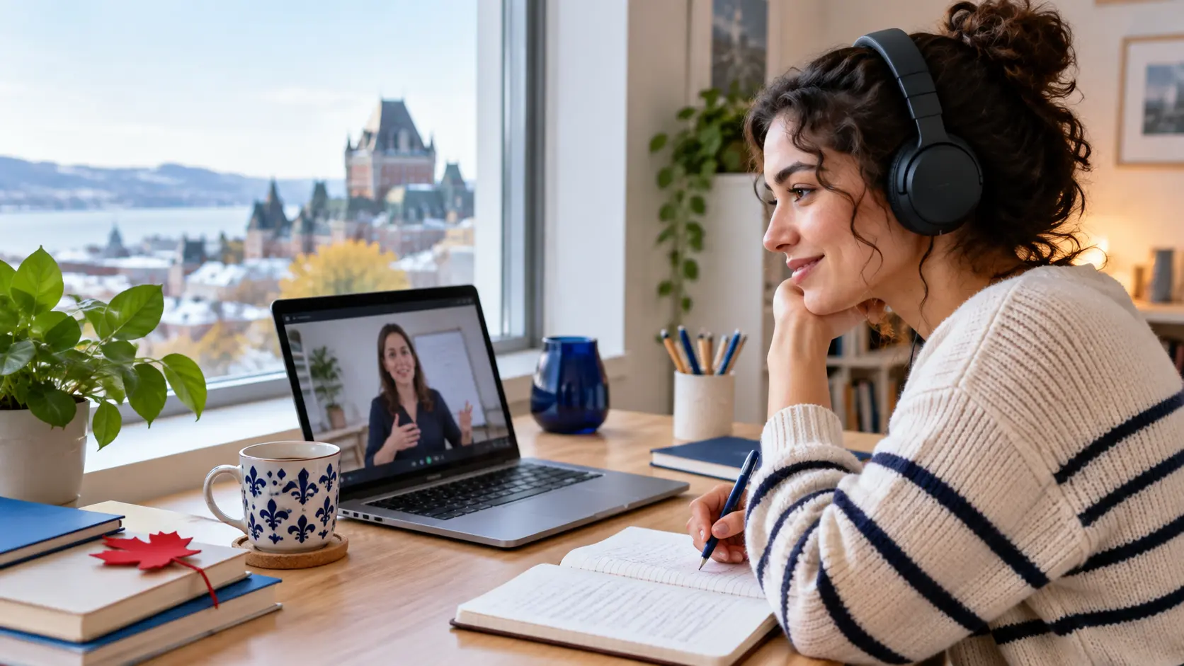 Aluna estudando francês online para um projeto no Canadá ou no Québec
