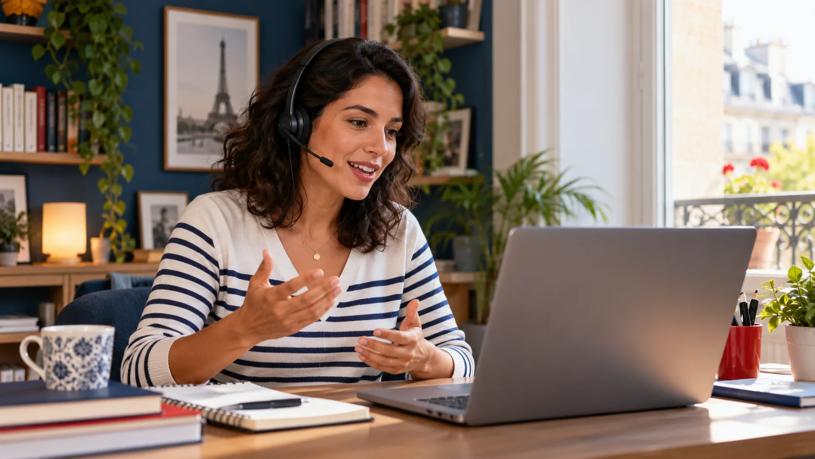 Mulher falando pelo headset enquanto estuda francês no computador