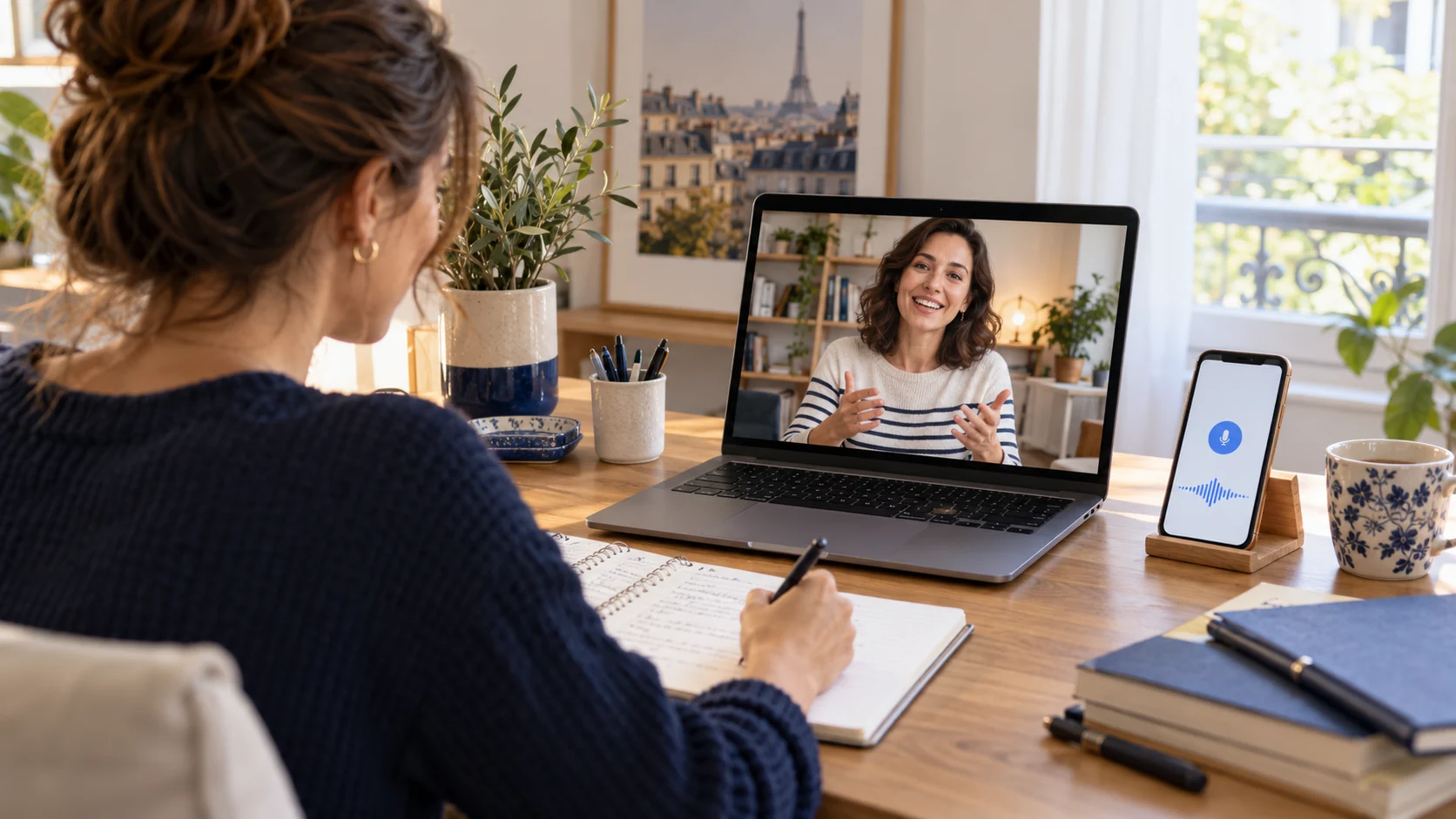 Estudante em aula online com professora e celular para prática por voz