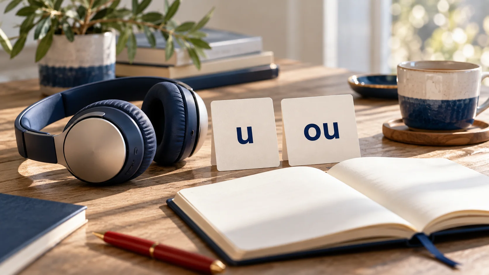 Fones de ouvido e cartões com u e ou para estudar os sons do francês